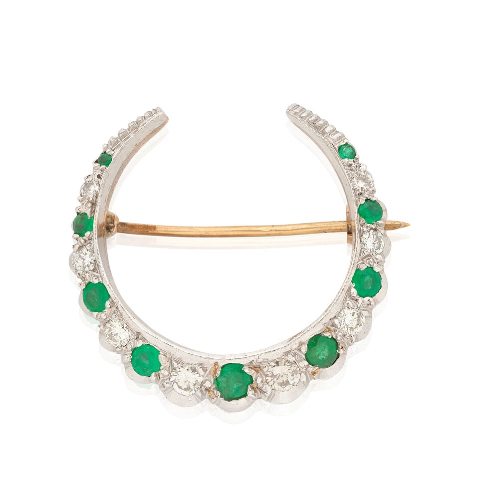 EMERALD AND DIAMOND CRESCENT BROOCH, 1997 (1 of 2)
