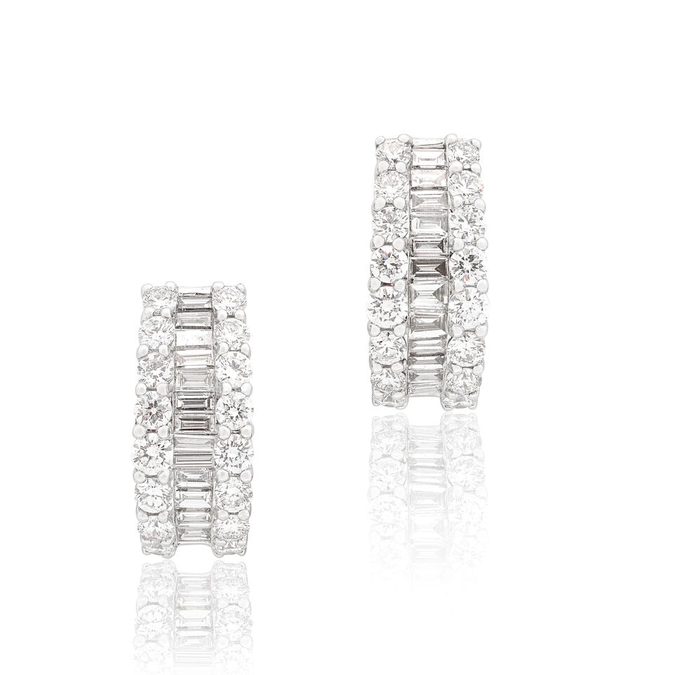DIAMOND EARRINGS: DIAMOND EARRINGS Brilliant and baguette-cut diamonds approx. 1.80cts total Length 1.8cm Weight approx. 6.5g Footnotes: OVERALL CONDITION Light surface wear to unhallmarked metal testing as 17kt gold.