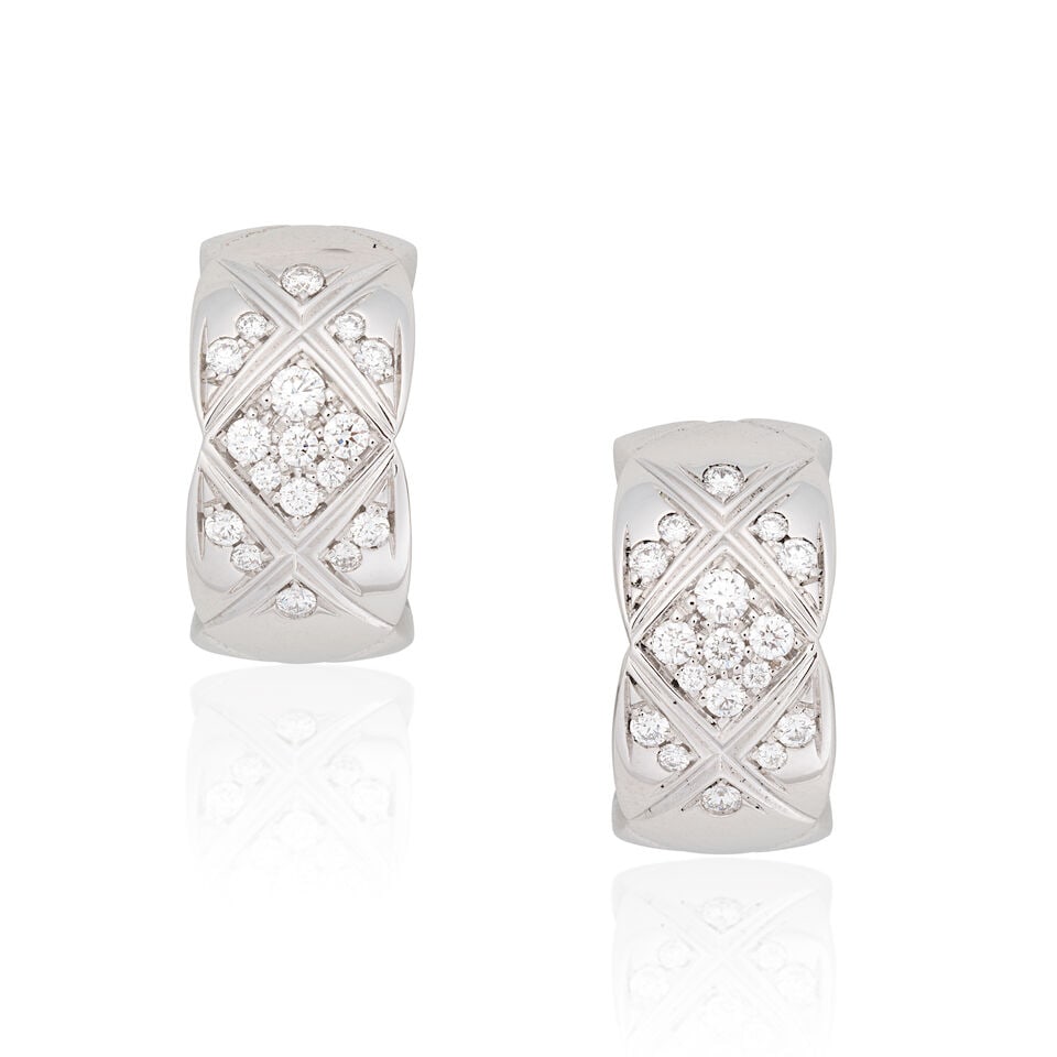 CHANEL: 'COCO CRUSH' EARRINGS: CHANEL: 'COCO CRUSH' EARRINGS Brilliant-cut diamonds 18 carat gold Signed Chanel, numbered X28842, maker's mark CL, London hallmark, European convention mark Length 1.0cm Weight approx. 6.0g Maker's