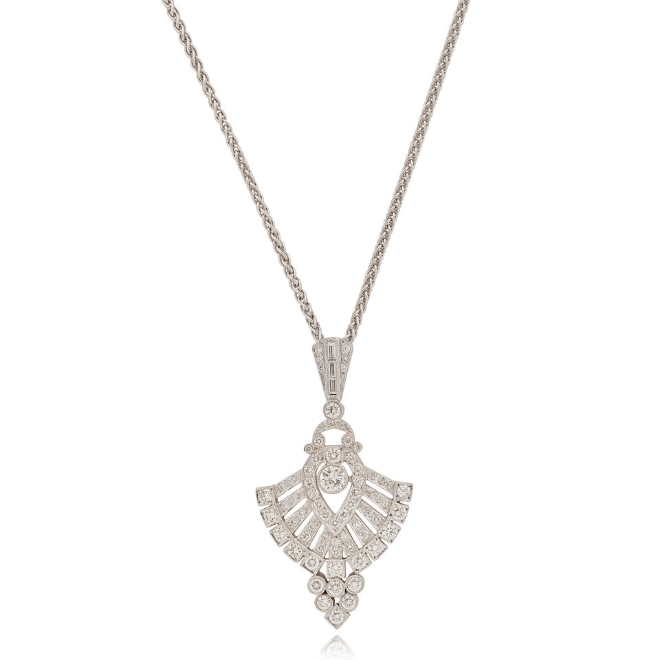 DIAMOND PENDANT/NECKLACE: DIAMOND PENDANT/NECKLACE Brilliant and baguette-cut diamonds approx. 1.30cts total Suspended from 18 carat white gold spiga link chain Chain with UK hallmark, European convention mark Lengths: