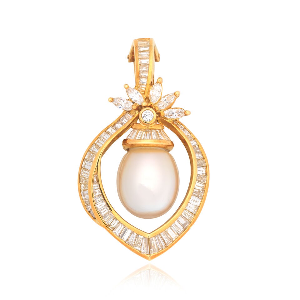 CULTURED PEARL AND DIAMOND PENDANT: CULTURED PEARL AND DIAMOND PENDANT Cultured pearl Baguette, tapered baguette, marquise and brilliant-cut diamonds approx. 1.85cts total Length 4.5cm Weight approx. 15.5g Footnotes: OVERALL