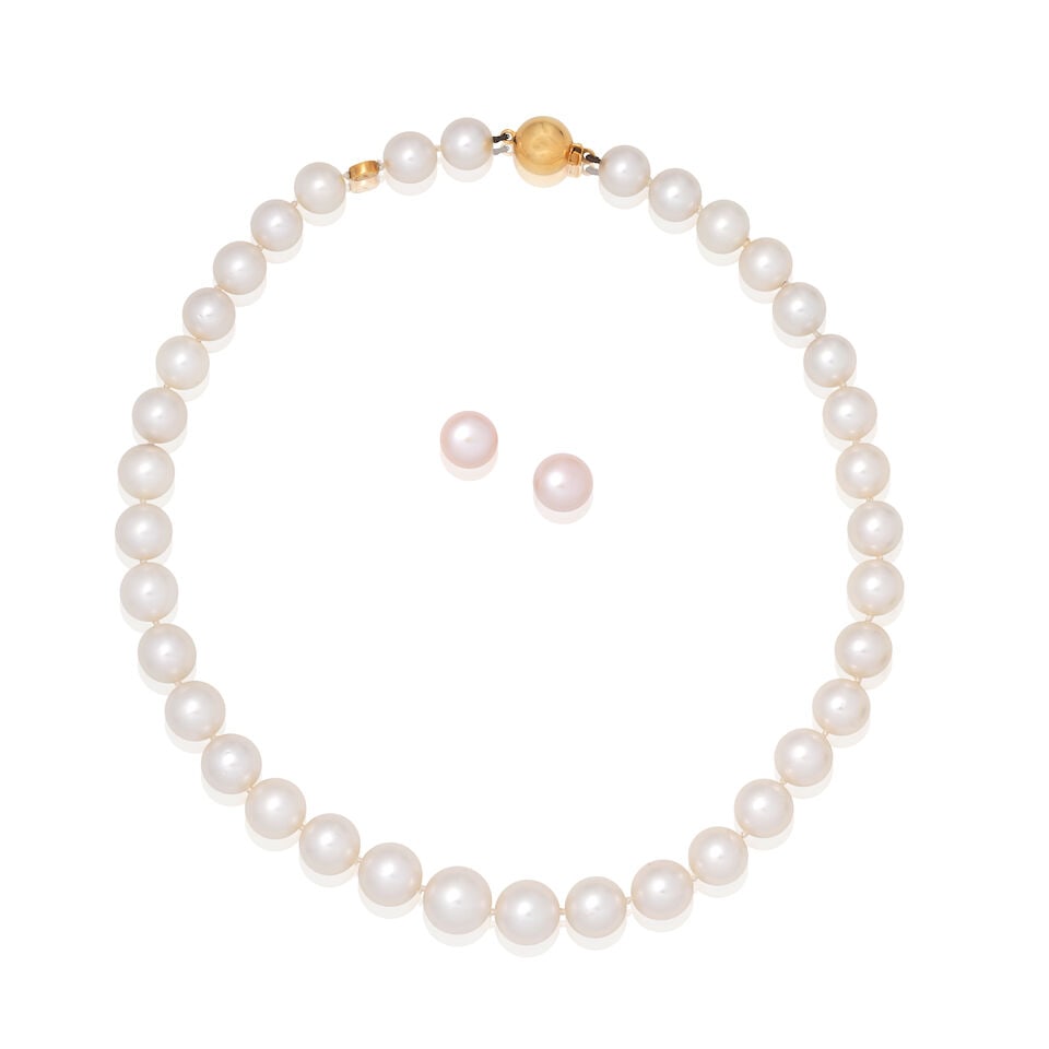 CULTURED PEARL NECKLACE AND EARSTUDS: CULTURED PEARL NECKLACE AND EARSTUDS 1st: Cultured pearl necklace 9.7 - 12.2mm cultured pearls 18 carat gold European convention mark UK hallmark Length 43.5cm Weight approx. 60.0g 2nd: Cultured