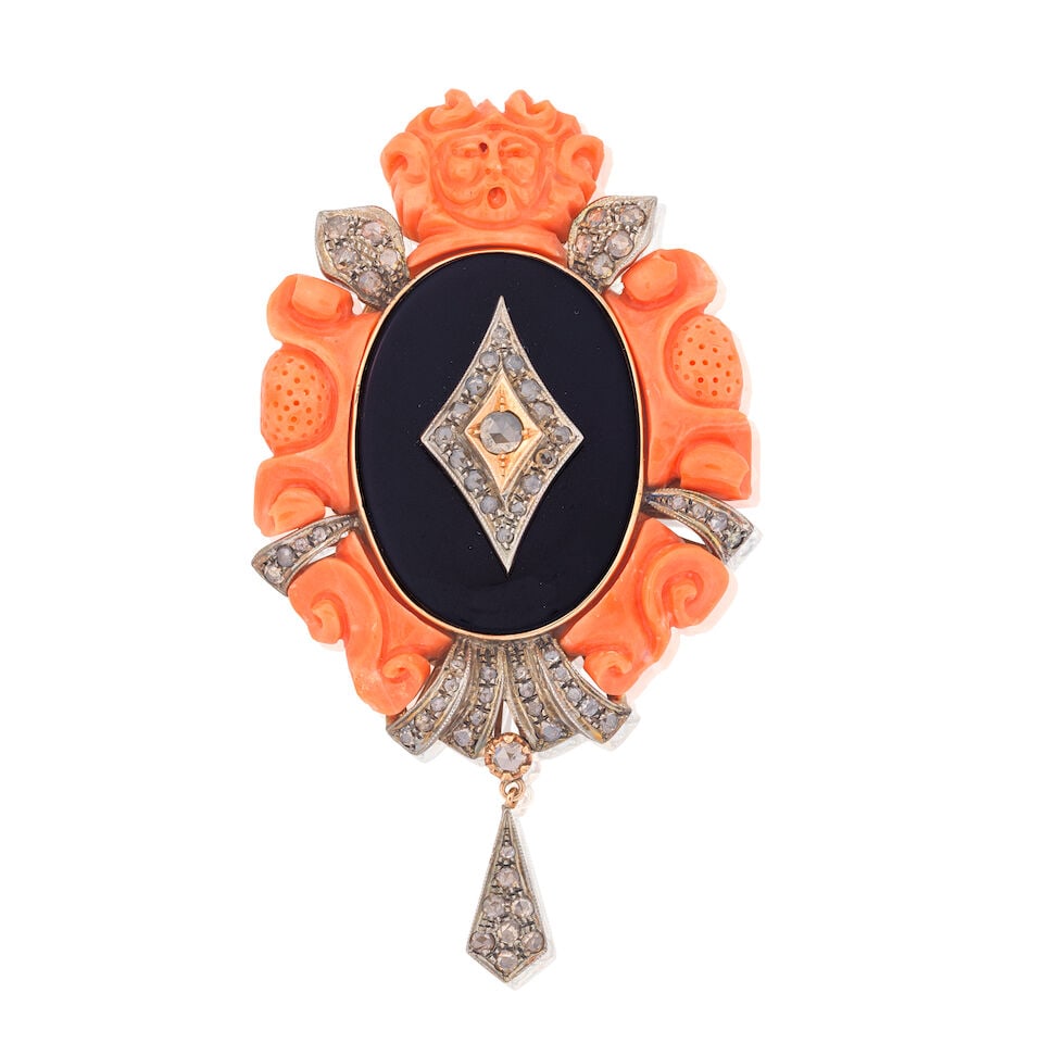 CORAL, DIAMOND AND ONYX BROOCH: CORAL, DIAMOND AND ONYX BROOCH Carved coral corallium rubrum Rose-cut diamonds Onyx Length 8.5cm Weight approx. 41.0g Footnotes: Please note this lot will be subject to US Fish and Wildlife