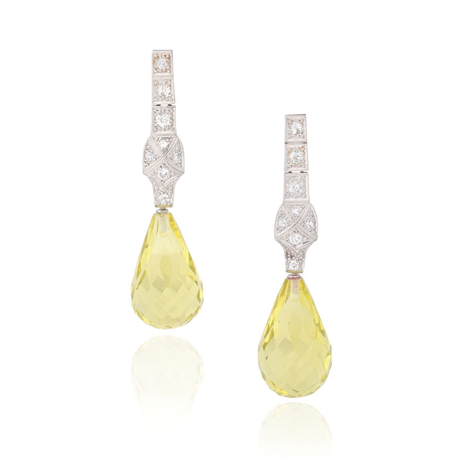 QUARTZ AND DIAMOND EARRINGS: QUARTZ AND DIAMOND EARRINGS Quartz briolettes Old single and brilliant-cut diamonds approx. 0.50ct total Platinum UK hallmark Length 5.0cm Weight approx. 13.0g Footnotes: OVERALL CONDITION Light