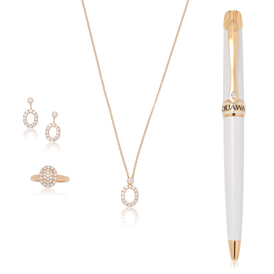 MOUAWAD: DIAMOND-SET RING, NECKLACE, EARRINGS AND PEN SUITE: MOUAWAD: DIAMOND-SET RING, NECKLACE, EARRINGS AND PEN SUITE 1st: Diamond-set ring Brilliant-cut diamonds approx. 0.60ct total Signed Mouawad, numbered Ring size approx. L Weight approx. 5.0g 2nd: