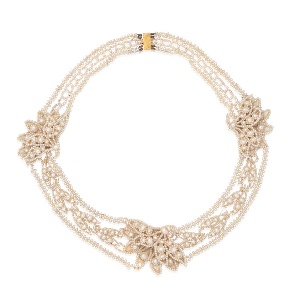 SEED PEARL NECKLACE, LATE 19TH CENTURY: SEED PEARL NECKLACE, LATE 19TH CENTURY Seed pearls Mother-of-pearl Inner circumference approx. 32.0cm Weight approx. 24.0g Cased by Chippendale, 2 Vigo Street, Regent Street, W. Footnotes: Please note