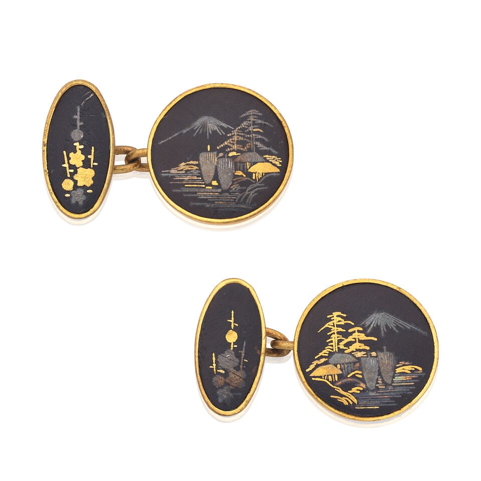SHAKUDO CUFFLINKS: SHAKUDO CUFFLINKS Shakudo inlays Plaque length 1.5cm Weight approx. 7.5g Footnotes: Shakudo (赤銅) originated in Japan, flourishing in the Edo period (14th-19th Century). Produced by