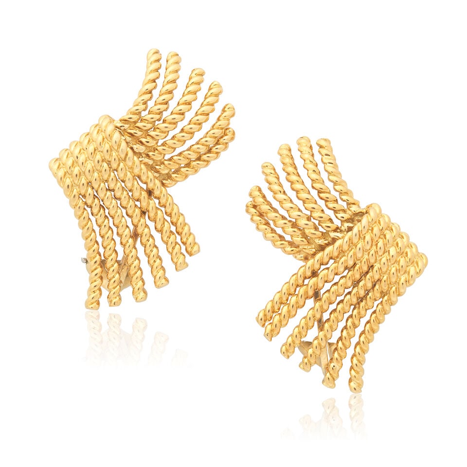SCHLUMBERGER FOR TIFFANY: GOLD EARRINGS, CIRCA 1993: SCHLUMBERGER FOR TIFFANY: GOLD EARRINGS, CIRCA 1993 18 carat gold Signed Tiffany & Co., Schlumberger, maker's mark T&Co., London import mark Length 3.0cm Weight approx. 16.0g Footnotes: OVERALL