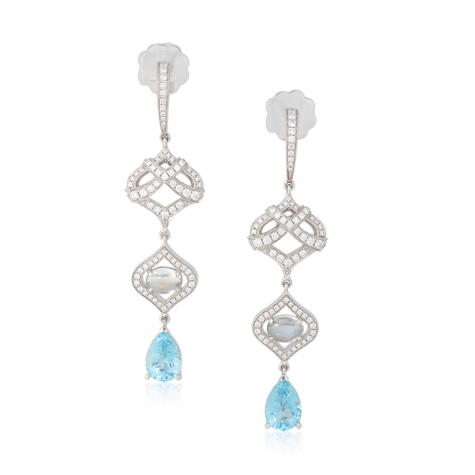 BOODLES: MOONSTONE, AQUAMARINE AND DIAMOND-SET 'WOODLAND' EARRINGS, 2021: BOODLES: MOONSTONE, AQUAMARINE AND DIAMOND-SET 'WOODLAND' EARRINGS, 2021 Moonstone cabochons Pear-cut aquamarines Brilliant-cut diamonds approx. 1.50cts total 18 carat gold Signed Boodles, numbered