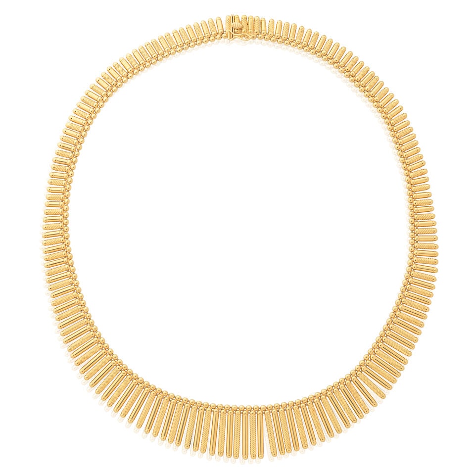 GOLD FRINGE NECKLACE: GOLD FRINGE NECKLACE 18 carat gold London import mark Length 44.0cm Weight approx. 53.5g Footnotes: OVERALL CONDITION Light surface wear to 18 carat gold with London import mark, sponsor's mark SJR,