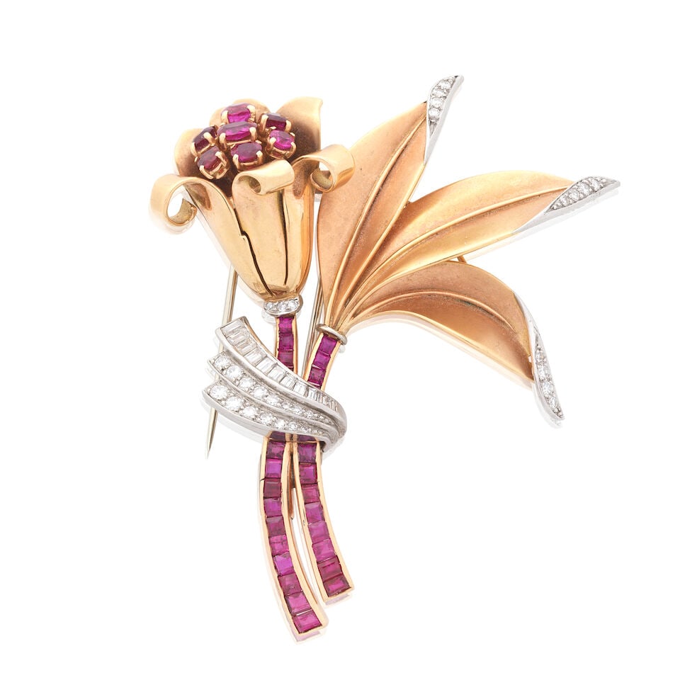 RUBY AND DIAMOND-SET FLOWER CLIP BROOCH, MID 20TH CENTURY (1 of 2)