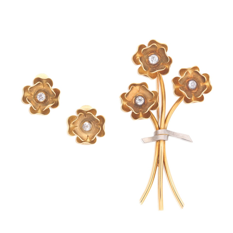 DIAMOND-SET FLOWER BROOCH AND EARCLIP SUITE (1 of 2)