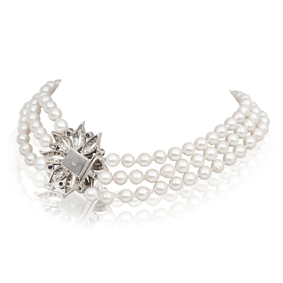 CULTURED PEARL CHOKER WITH SAPPHIRE AND DIAMOND CLASP - 2