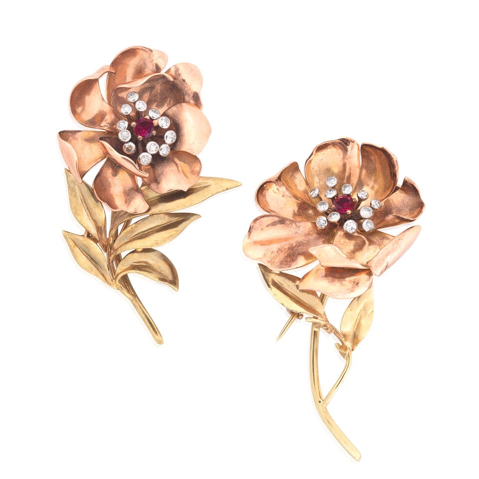 TWO GEM AND DIAMOND-SET FLOWER BROOCHES (1 of 2)