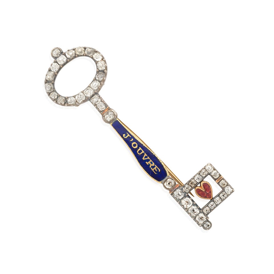 DIAMOND AND ENAMEL-SET KEY BROOCH, CIRCA 1830: DIAMOND AND ENAMEL-SET KEY BROOCH, CIRCA 1830 Guilloche enamel-set heart and shank reading 'J'OUVRE' Old single-cut diamonds approx. 0.60ct total Mounted in silver and gold Length 4.6cm Weight