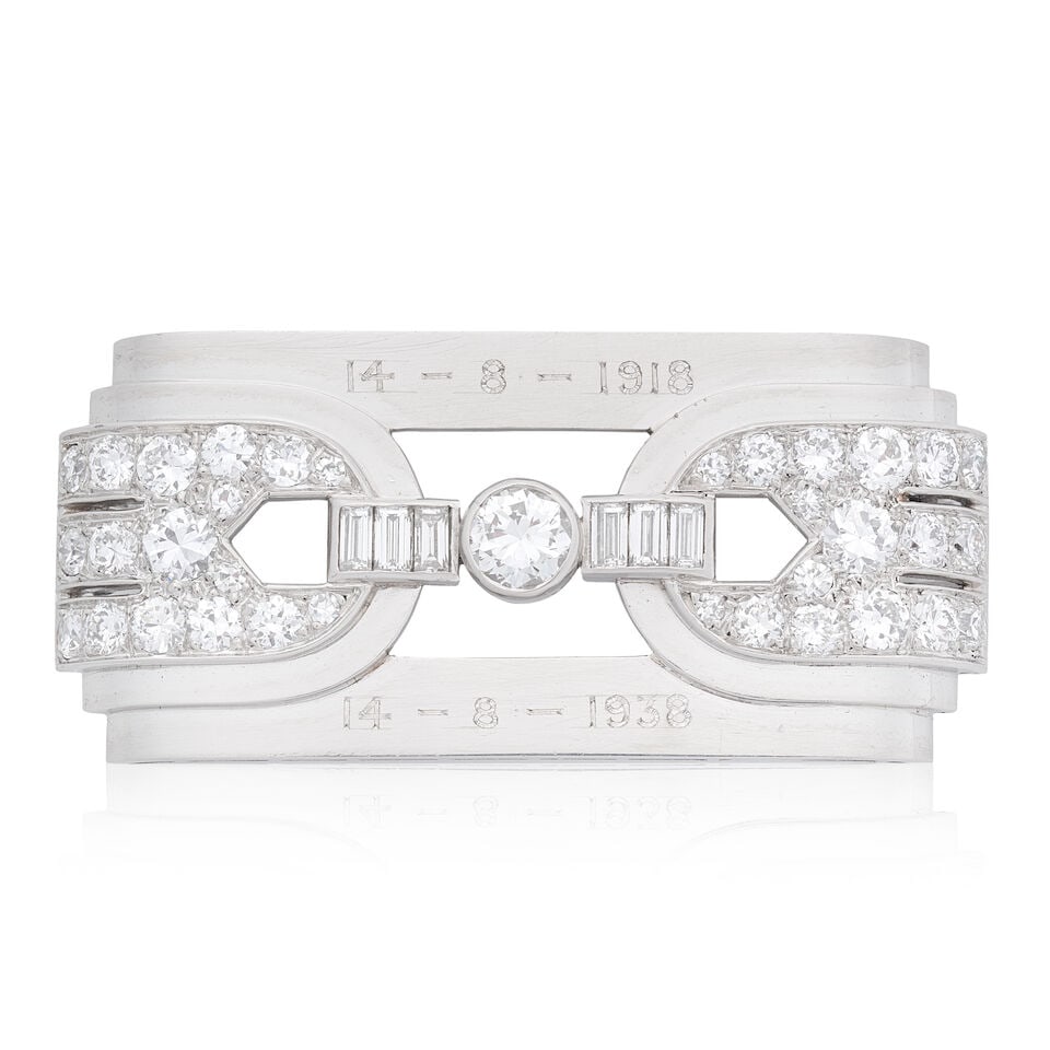 RUBEL FRÈRES: DIAMOND-SET BROOCH, CIRCA 1920: RUBEL FRÈRES: DIAMOND-SET BROOCH, CIRCA 1920 Old brilliant and baguette-cut diamonds approx. 2.00cts total Mounted in platinum Maker's mark, French assay mark Length 3.9cm Weight approx.