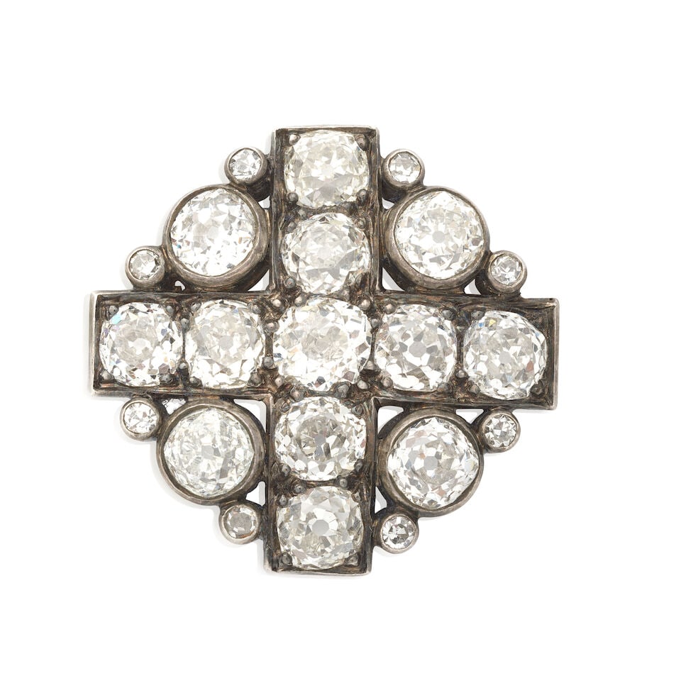 DIAMOND-SET BROOCH, CIRCA 1890: DIAMOND-SET BROOCH, CIRCA 1890 Old brilliant and single-cut diamonds approx. 5.10cts total Mounted in silver and gold Length 2.5cm Weight approx. 8.0g Footnotes: OVERALL CONDITION Light surface wear