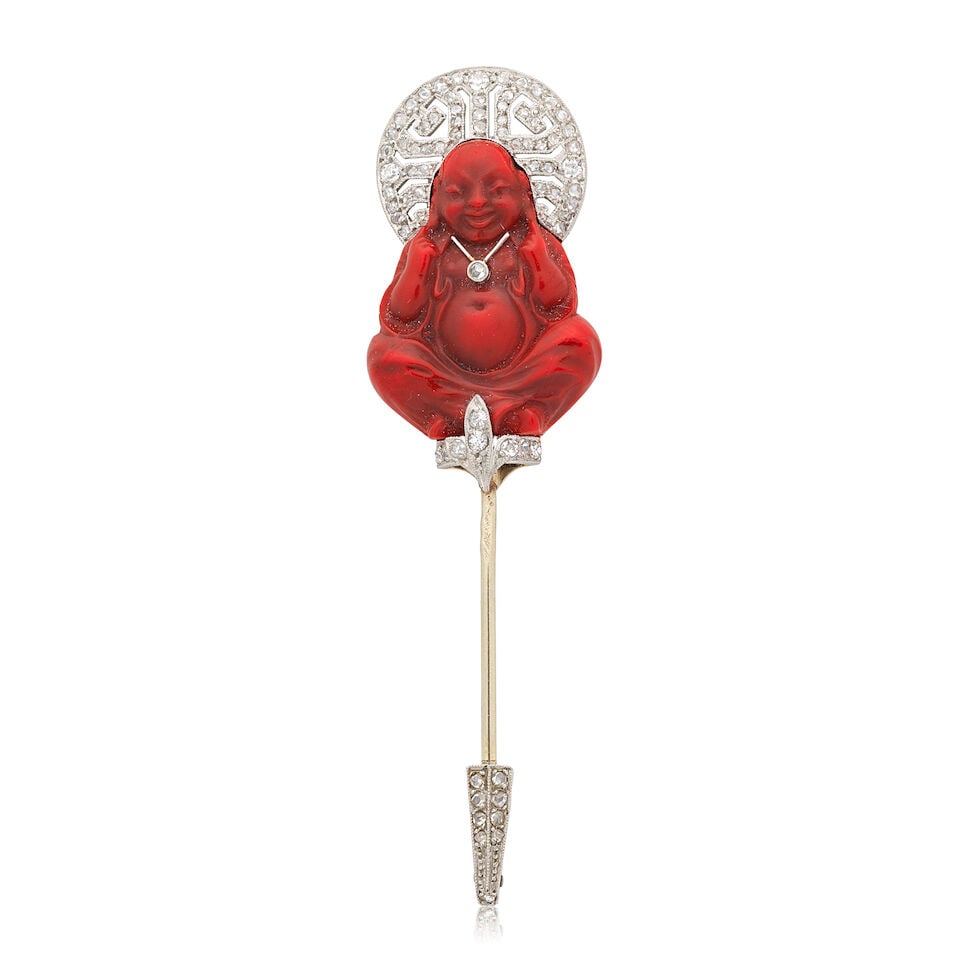 DIAMOND-SET BUDDHA JABOT PIN, CIRCA 1920: DIAMOND-SET BUDDHA JABOT PIN, CIRCA 1920 Carved peking glass Single and rose-cut diamonds French assay marks Length 5.5cm Weight approx. 5.0g Cased by CH. Fontana, 13 Rue Royale,
