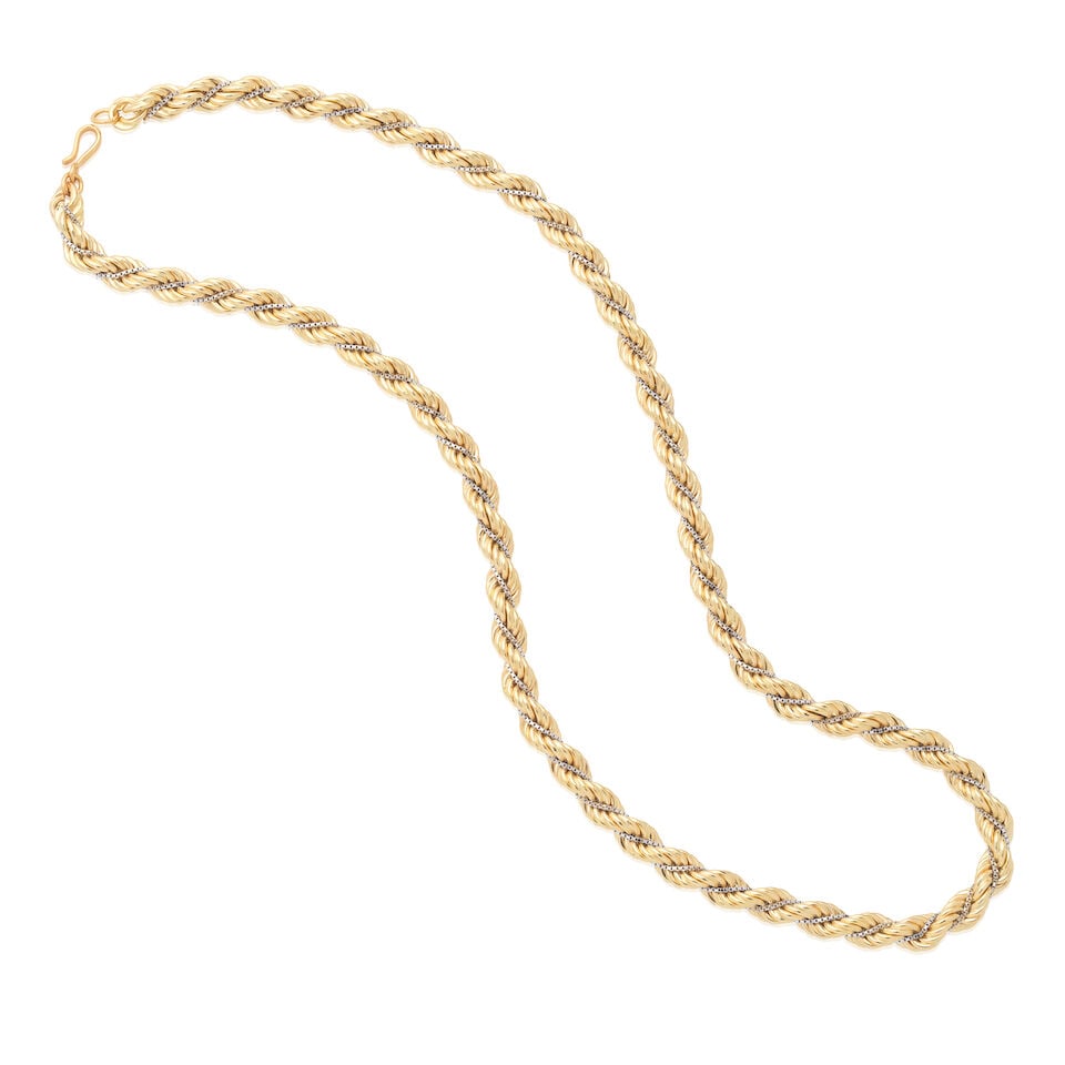 ROPETWIST NECKLACE: ROPETWIST NECKLACE Bicoloured ropetwist chain Length 63.0cm Weight approx. 53.5g Footnotes: OVERALL CONDITION Unhallmarked metal testing as 18kt gold with very light surface wear, with Italian assay