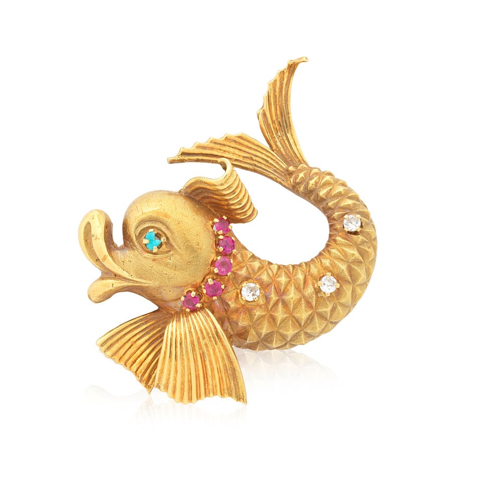 BEN ROSENFELD: DIAMOND AND GEM-SET FISH BROOCH, 1977 (1 of 2)