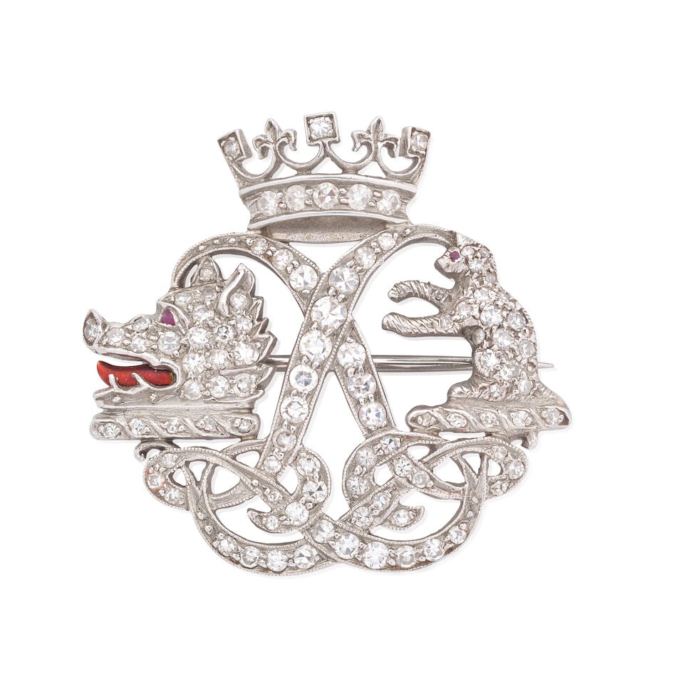 DIAMOND-SET ARGYLL AND SUTHERLAND HIGHLANDS REGIMENTAL BROOCH: DIAMOND-SET ARGYLL AND SUTHERLAND HIGHLANDS REGIMENTAL BROOCH Depicting the crest of the Argyll and Sutherland Highlanders Single-cut diamonds very approx. 1.00cts Pink sapphire cabochon Length