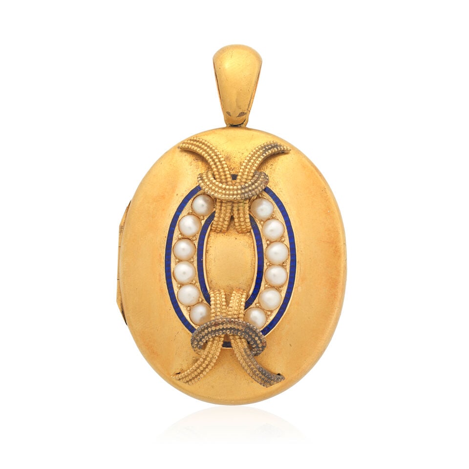 SEED PEARL AND ENAMEL LOCKET, CIRCA 1865: SEED PEARL AND ENAMEL LOCKET, CIRCA 1865 Half seed pearls Enamel Mounted in gold Length 5.5cm Weight approx. 27.5g Fitted case by Edward Tessier, 26 New Bond Street, London Footnotes: OVERALL