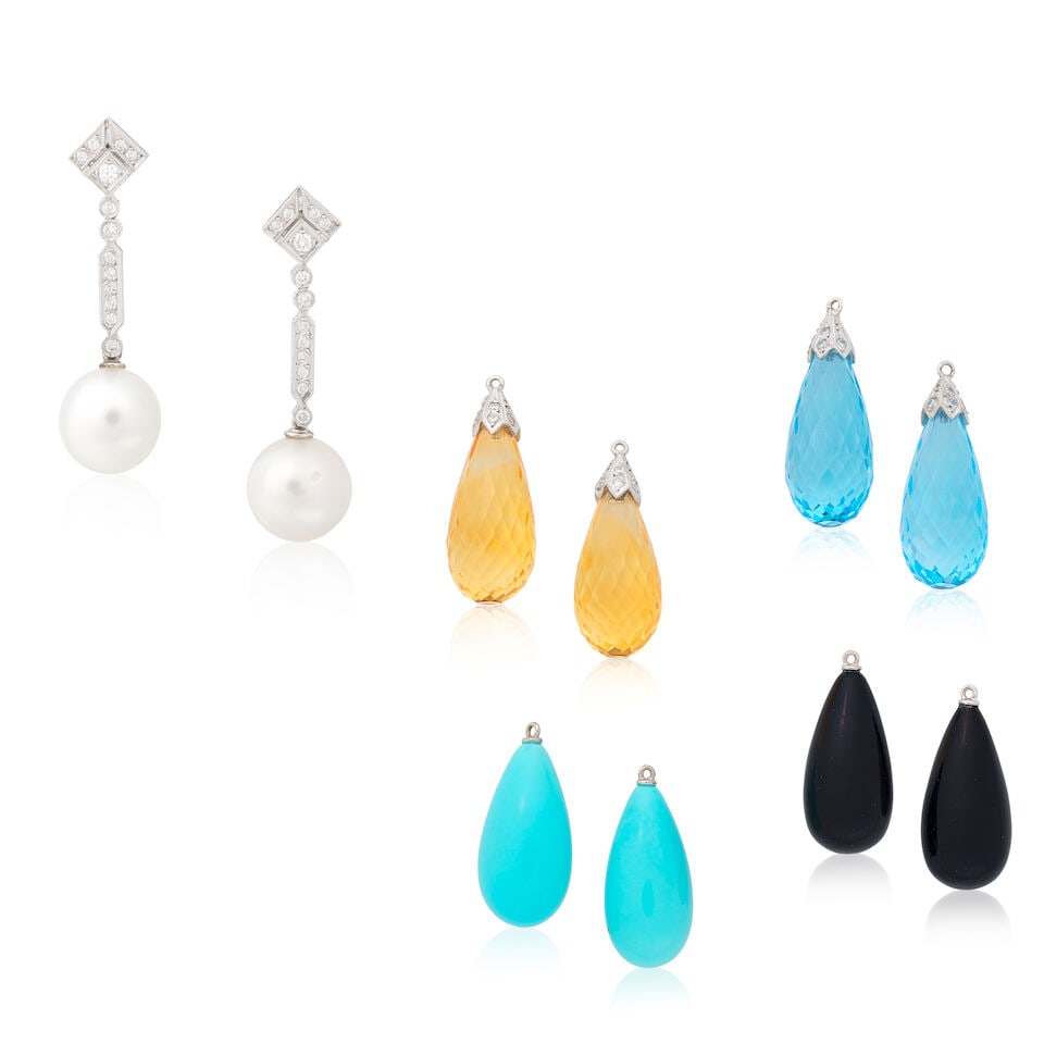 GEM-SET INTERCHANGABLE DROP EARRINGS: GEM-SET INTERCHANGABLE DROP EARRINGS Cultured pearls Citrine briolettes Aquamarine briolettes Turquoise drops Onyx drops Brilliant-cut diamonds approx. 0.40ct total Length with longest drop approx.