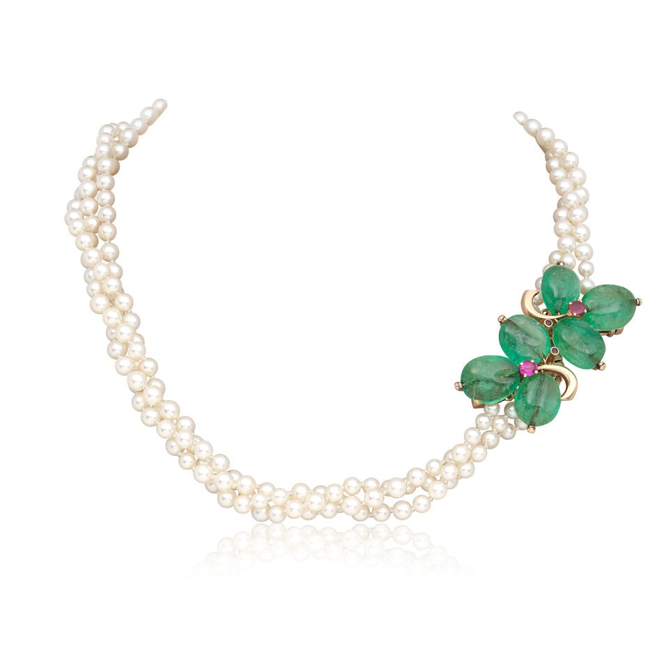 CULTURED PEARL NECKLACE WITH AN EMERALD AND RUBY CLASP/PAIR OF CLIPS - 2