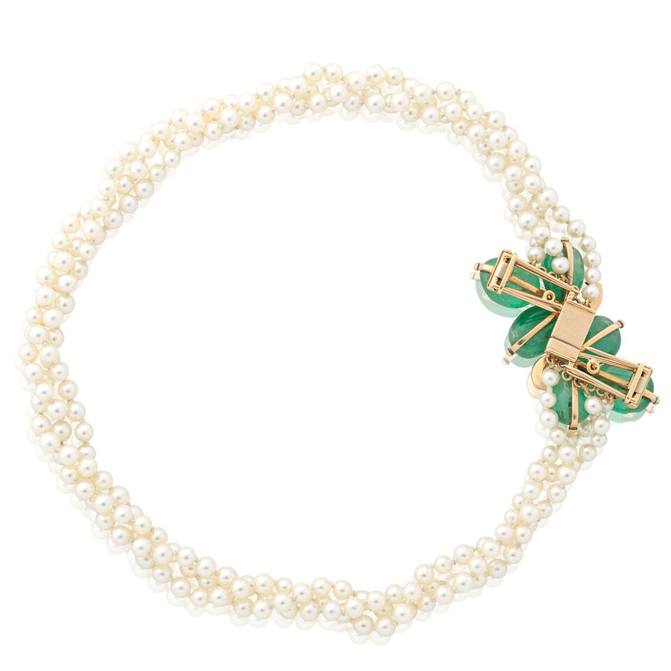 CULTURED PEARL NECKLACE WITH AN EMERALD AND RUBY CLASP/PAIR OF CLIPS - 3