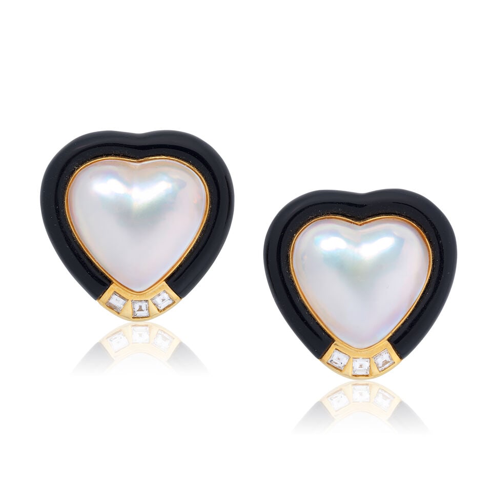 MABÉ PEARL, ONYX AND DIAMOND-SET EARRINGS: MABÉ PEARL, ONYX AND DIAMOND-SET EARRINGS Heart-shaped mabé pearls Carré-cut diamonds approx. 0.40ct total Onyx inlay Length 2.3cm Weight approx. 17.0g Footnotes: OVERALL