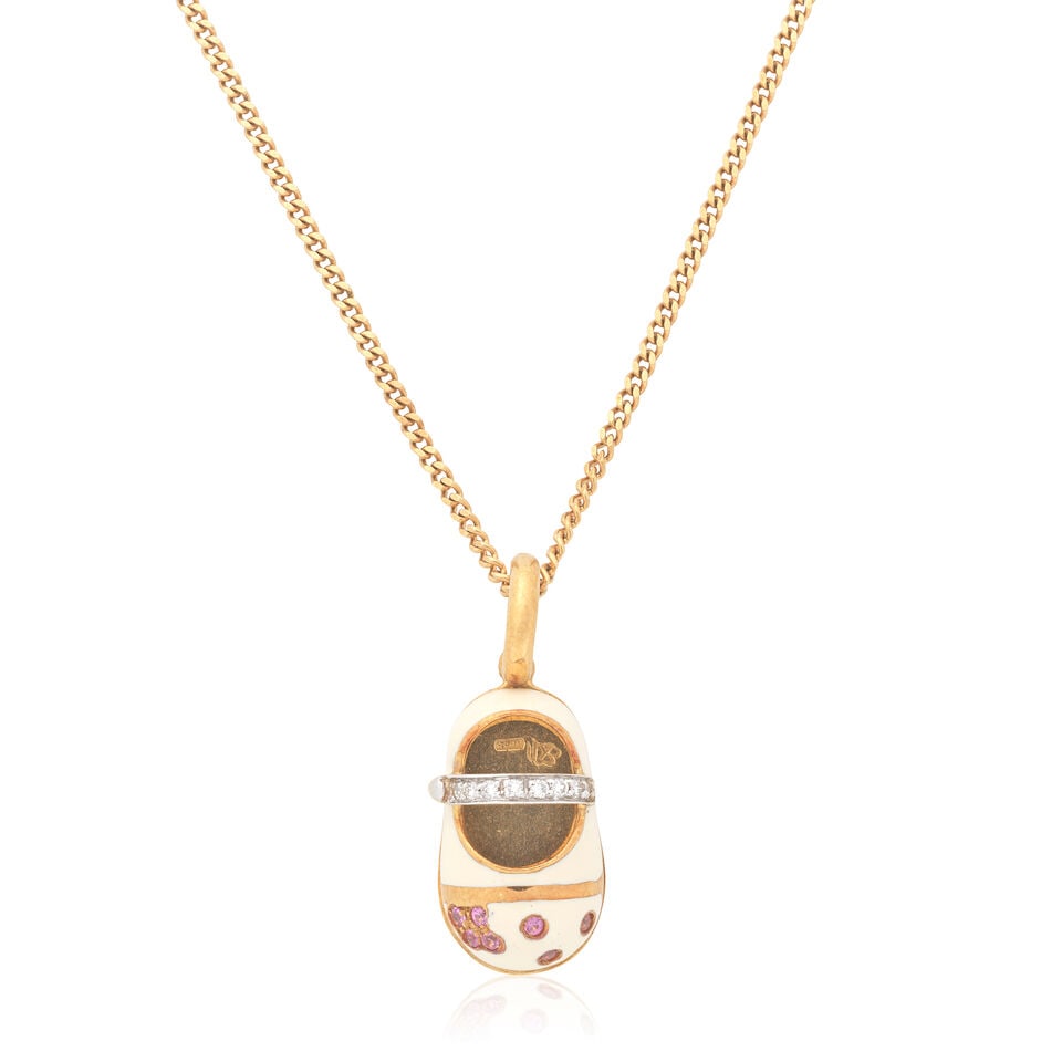 AARON BASHA: GEM-SET SHOE PENDANT: AARON BASHA: GEM-SET SHOE PENDANT Brilliant-cut diamonds Circular-cut pink sapphires Signed Aaron Basha, maker's mark AB, French assay marks Chain length 40.0cm, pendant length 2.5cm (including