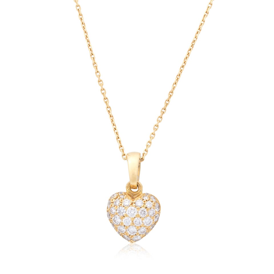 CARTIER: DIAMOND-SET HEART PENDANT/NECKLACE: CARTIER: DIAMOND-SET HEART PENDANT/NECKLACE Brilliant-cut diamonds approx. 0.60ct total Signed Cartier, numbered, French assay marks Pendant length 1.7cm, chain length 39.0cm Weight approx.