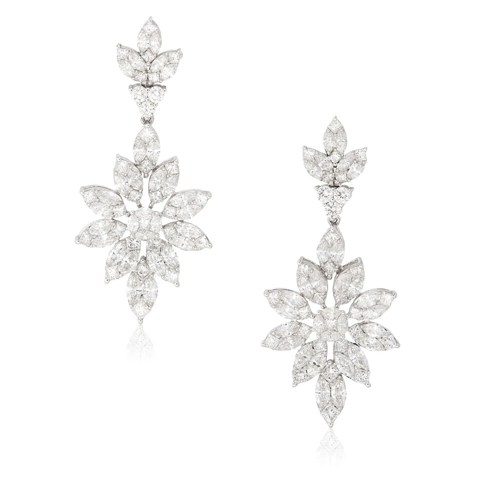 KORLOFF: DIAMOND PENDENT EARRINGS: KORLOFF: DIAMOND PENDENT EARRINGS Brilliant, marquise and princess-cut diamonds approx. 6.50cts total French assay mark Length 4.5cm Weight approx. 11.5g Footnotes: OVERALL CONDITION Light surface wea