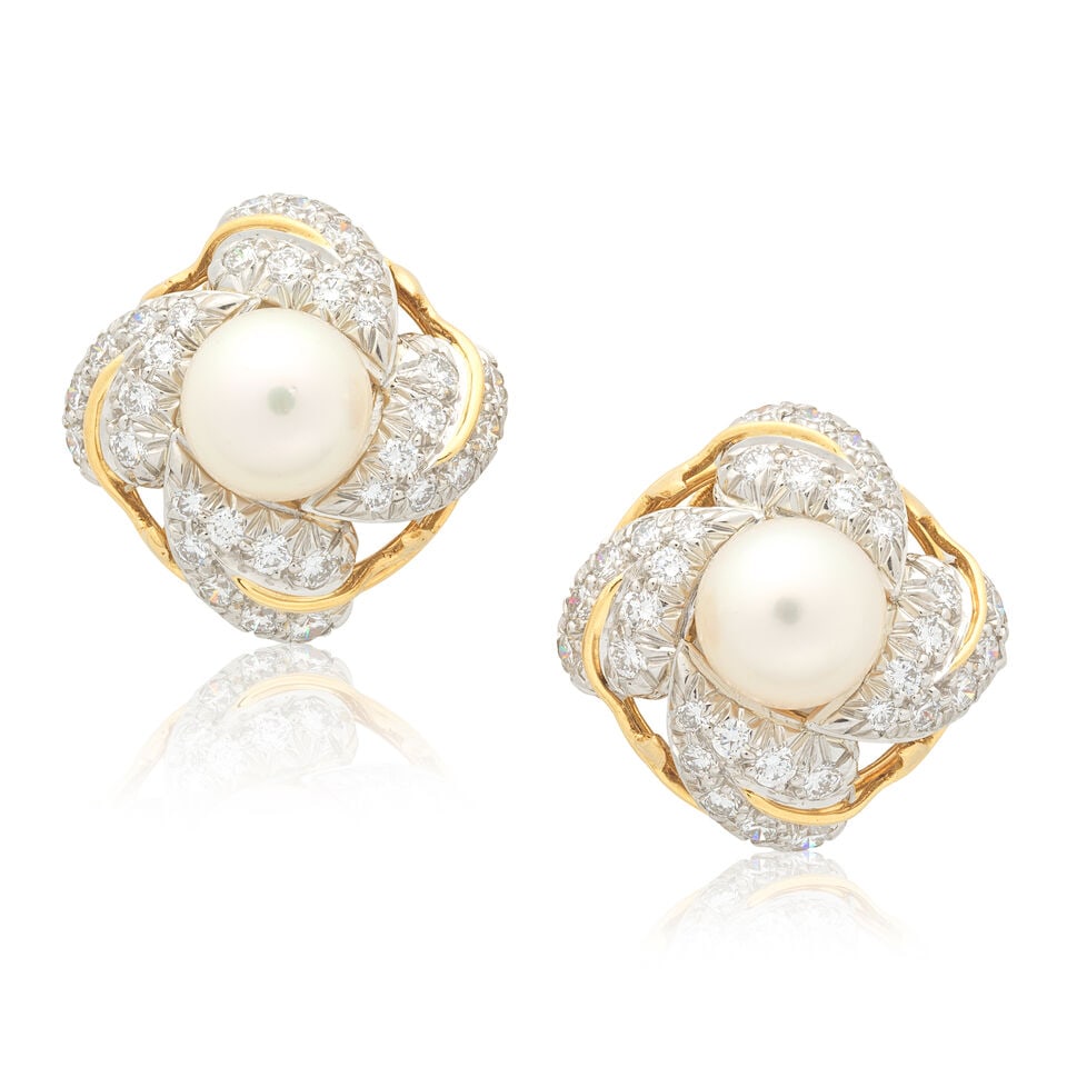 SCHLUMBERGER FOR TIFFANY: DIAMOND AND CULTURED PEARL EARRINGS, 1990: SCHLUMBERGER FOR TIFFANY: DIAMOND AND CULTURED PEARL EARRINGS, 1990 Cultured pearls Brilliant-cut diamonds approx. 1.25cts total 18 carat gold Signed Tiffany&Co. Schlumberger, maker's mark, London