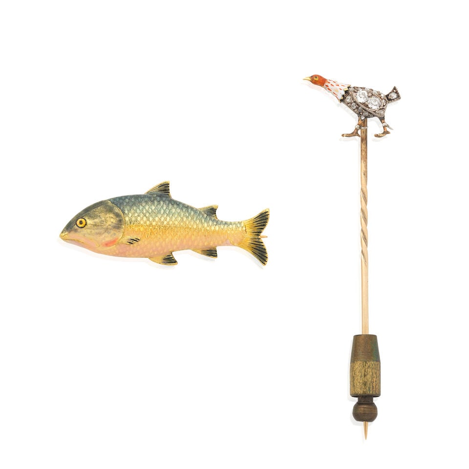 ENAMELLED FISH BROOCH AND DIAMOND-SET PHEASANT STICK-PIN (1 of 2)