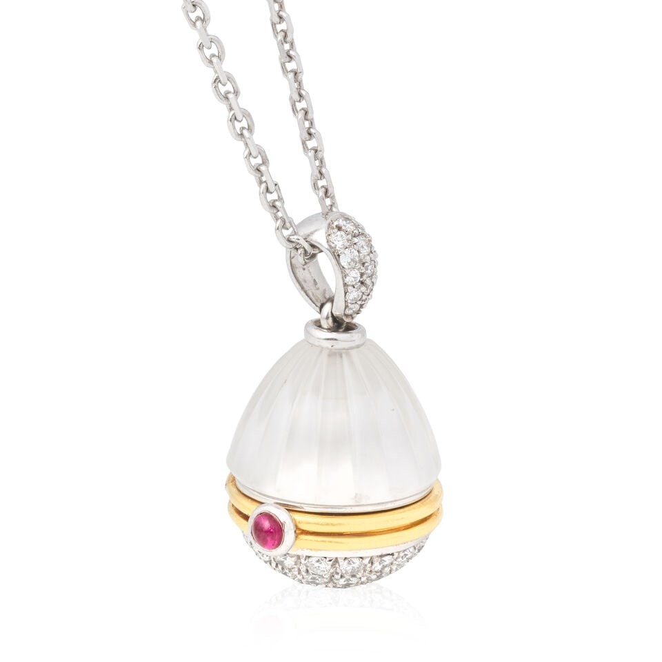 DIAMOND, RUBY AND ROCK CRYSTAL EGG LOCKET NECKLACE - 2