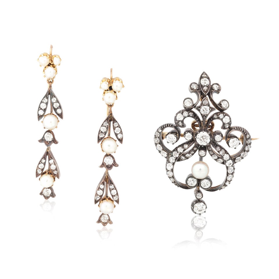 PEARL AND DIAMOND BROOCH AND EARRINGS, CIRCA 1890 AND LATER: PEARL AND DIAMOND BROOCH AND EARRINGS, CIRCA 1890 AND LATER Old brilliant, single and rose-cut diamonds approx. 1.80cts total Pearls (untested for natural origin) Brooch length 4.2cm, earring length