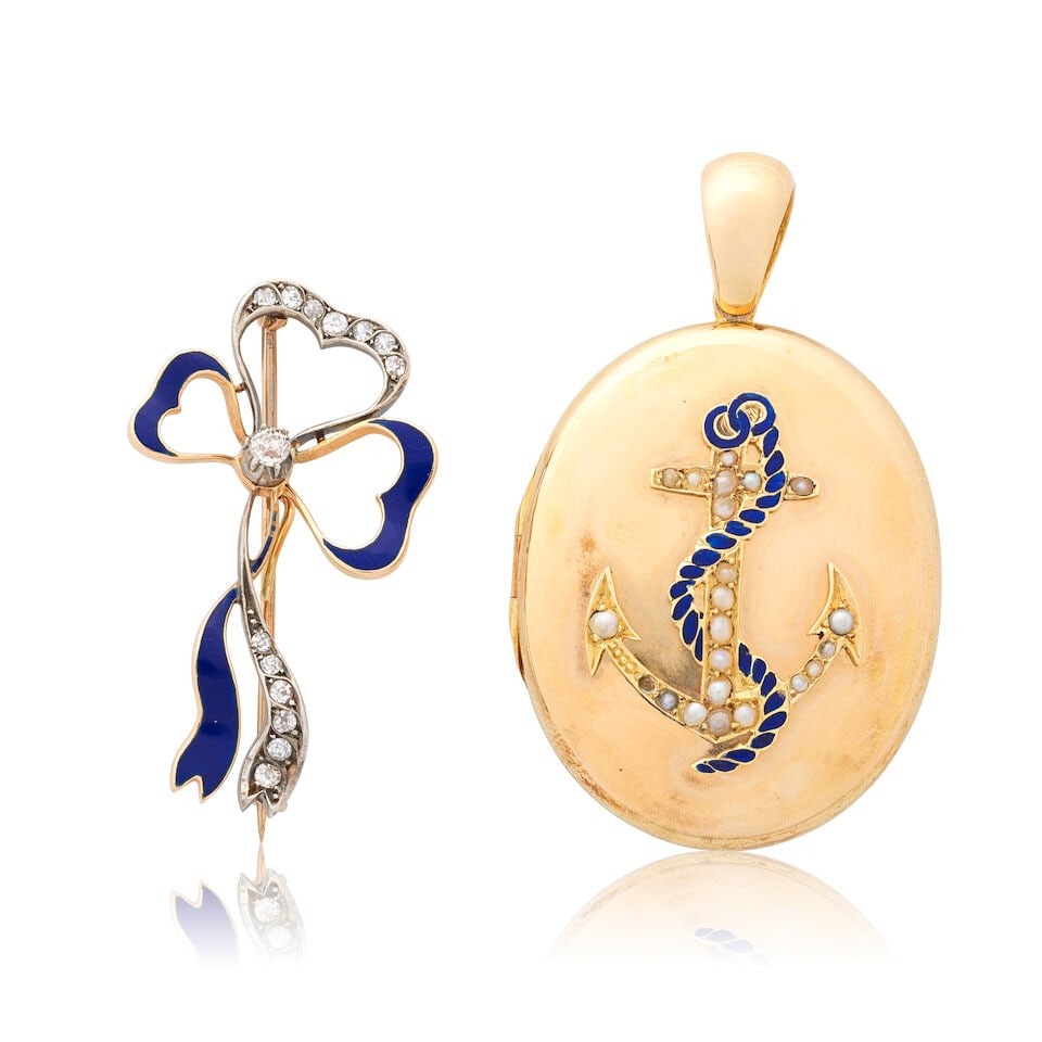 SEED PEARL AND ENAMEL LOCKET AND DIAMOND AND ENAMEL BOW BROOCH (1 of 2)