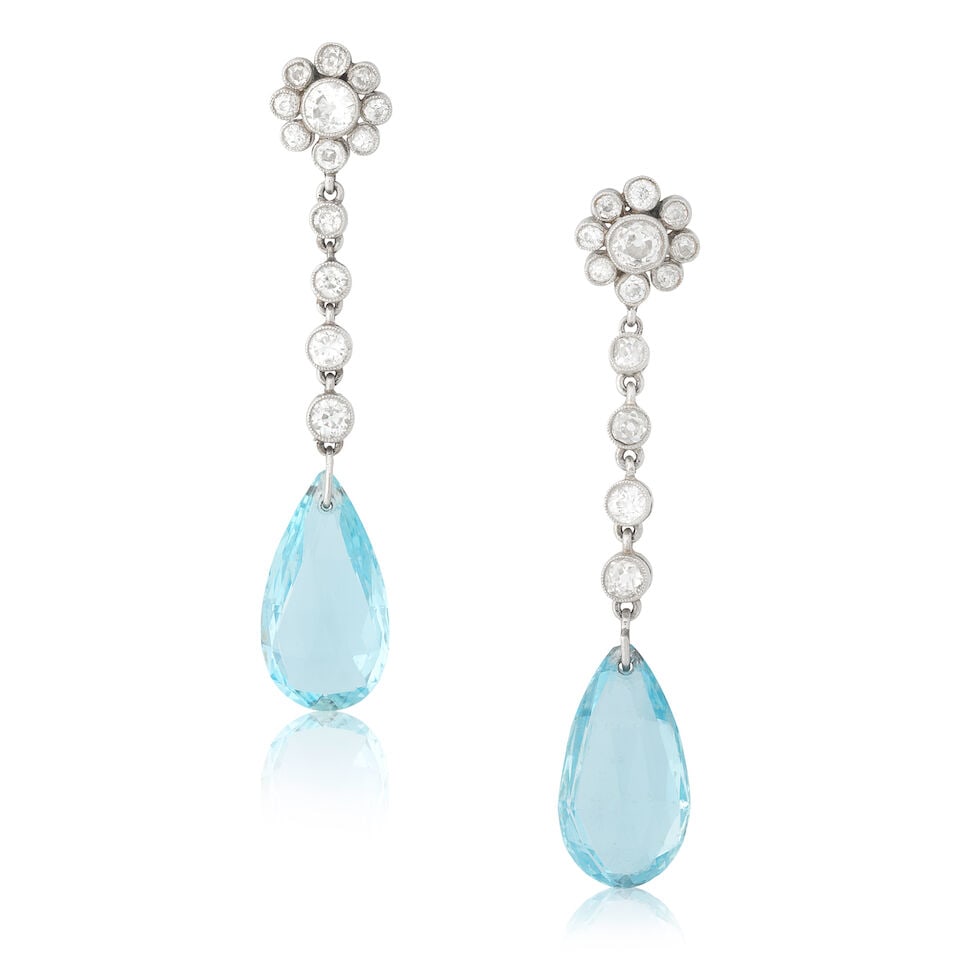 AQUAMARINE AND DIAMOND PENDENT EARRINGS: AQUAMARINE AND DIAMOND PENDENT EARRINGS Pear-shaped mixed-cut aquamarines Old brilliant-cut diamonds approx. 1.00ct total Length 4.5cm Weight approx. 5.0g Footnotes: OVERALL CONDITION Light surface