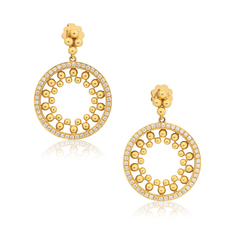 BOODLES: DIAMOND-SET 'CIRCUS' EARRINGS, 2018: BOODLES: DIAMOND-SET 'CIRCUS' EARRINGS, 2018 Brilliant-cut diamonds approx. 0.75ct total 18 carat gold Signed Boodles, maker's mark B&D, London hallmark Length 3.2cm Weight approx. 17.5g Maker's