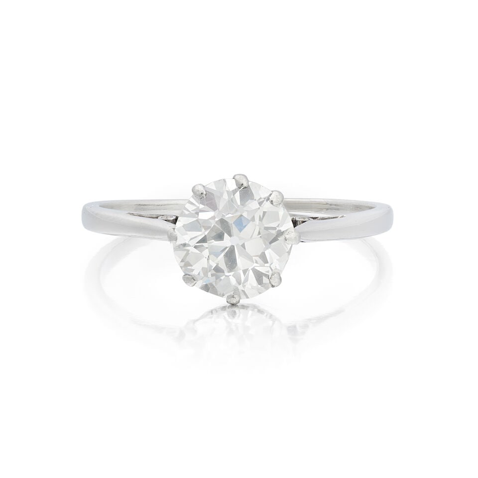 DIAMOND SINGLE-STONE RING: DIAMOND SINGLE-STONE RING Old brilliant-cut diamond 1.38 carats Ring size approx. L Weight approx. 1.5g Footnotes: OVERALL CONDITION Some wear, thinning to base of hoop, to unhallmarked metal testing
