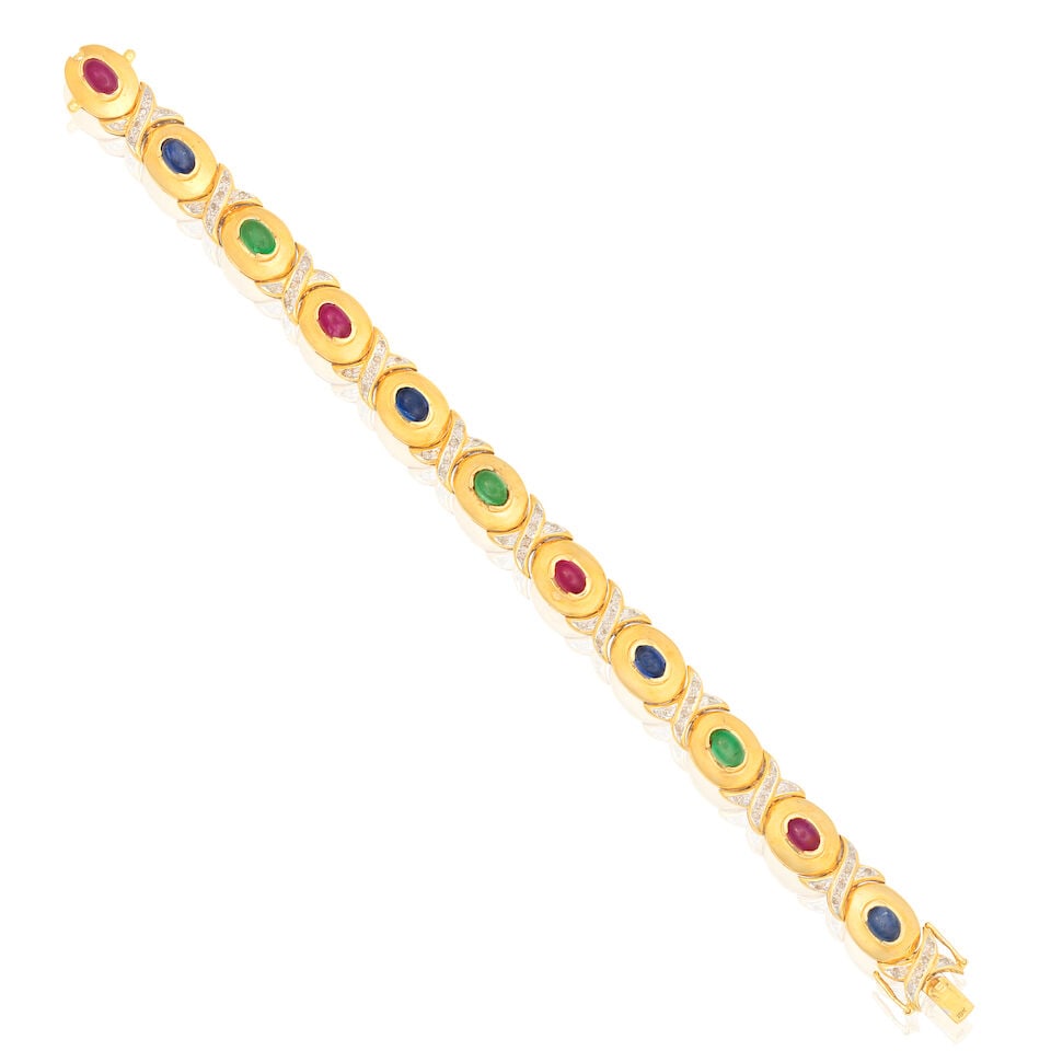 GEM-SET BRACELET: GEM-SET BRACELET Ruby cabochons Sapphire cabochons Emerald cabochons Single-cut diamonds approx. 0.60ct total Length 18.0cm Weight approx. 26.5g Footnotes: OVERALL CONDITION Light surface wear to unha