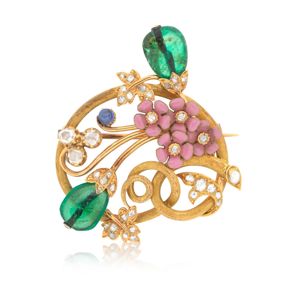 GEM-SET FLORAL BROOCH: GEM-SET FLORAL BROOCH Rose-cut diamonds Emerald beads Sapphire cabochon Enamel Length 4.0cm Weight approx. 21.5g Footnotes: OVERALL CONDITION Some surface wear to textured unhallmarked metal 13kt gold