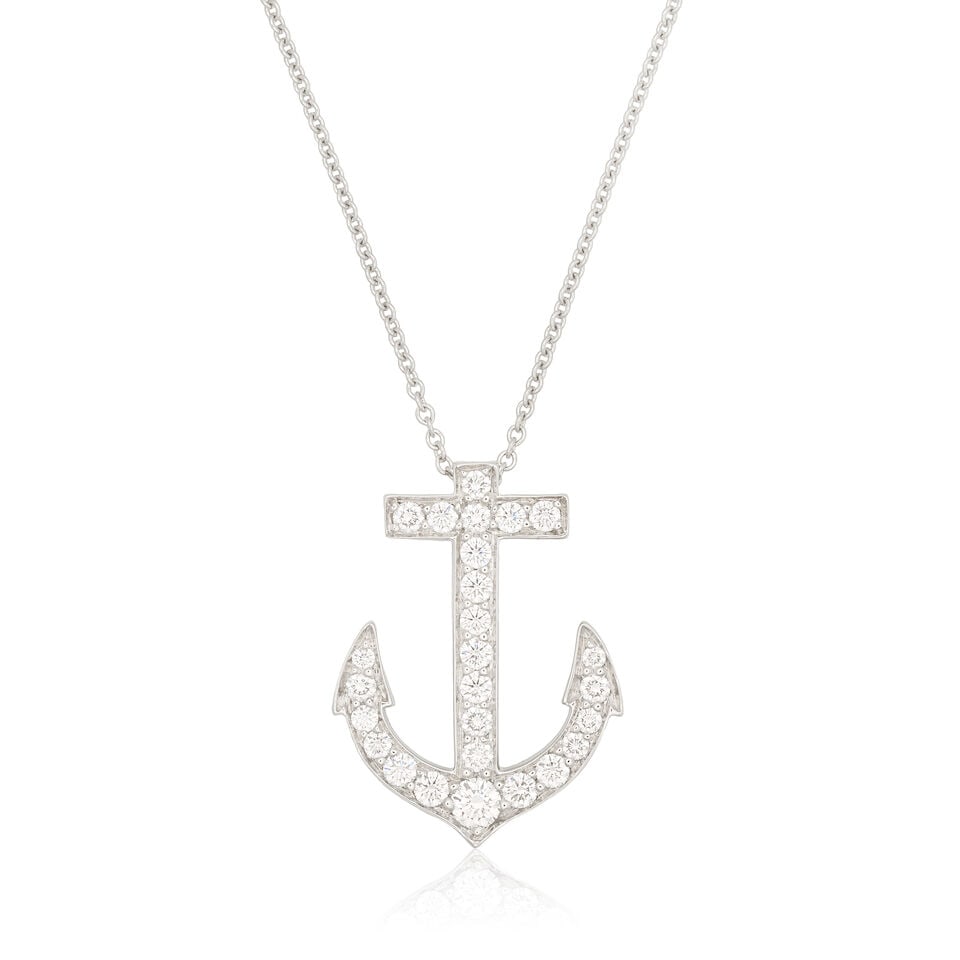 TIFFANY: DIAMOND-SET ANCHOR NECKLACE: TIFFANY: DIAMOND-SET ANCHOR NECKLACE Brilliant-cut diamonds approx. 0.50ct total Signed Tiffany&Co. Pendant length 2.0cm, chain length 41.0cm Weight approx. 6.0g Maker's case Footnotes: OVERALL
