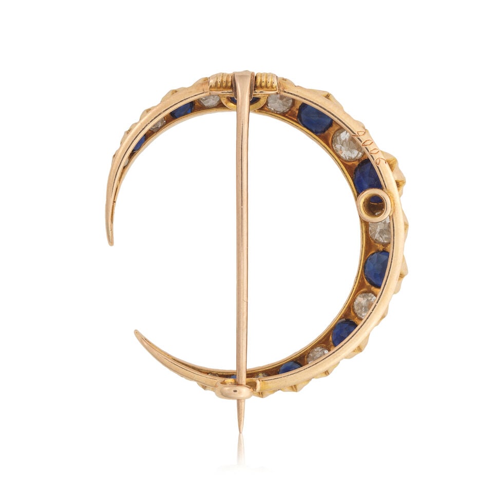 SAPPHIRE AND DIAMOND CRESCENT MOON BROOCH, CIRCA 1880 - 2
