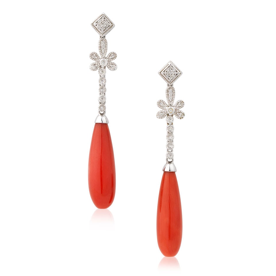 CORAL AND DIAMOND PENDENT EARRINGS, 2024: CORAL AND DIAMOND PENDENT EARRINGS, 2024 Carved coral corallium rubrum Brilliant-cut diamonds 14 carat gold London hallmarks Length 5.0cm Weight approx. 9.0g Footnotes: Please note this lot will be su