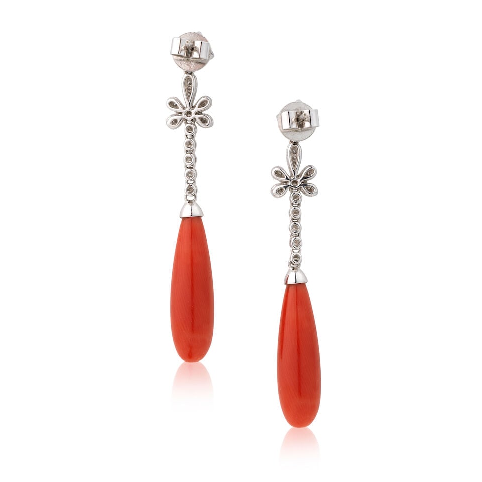 CORAL AND DIAMOND PENDENT EARRINGS, 2024 - 2