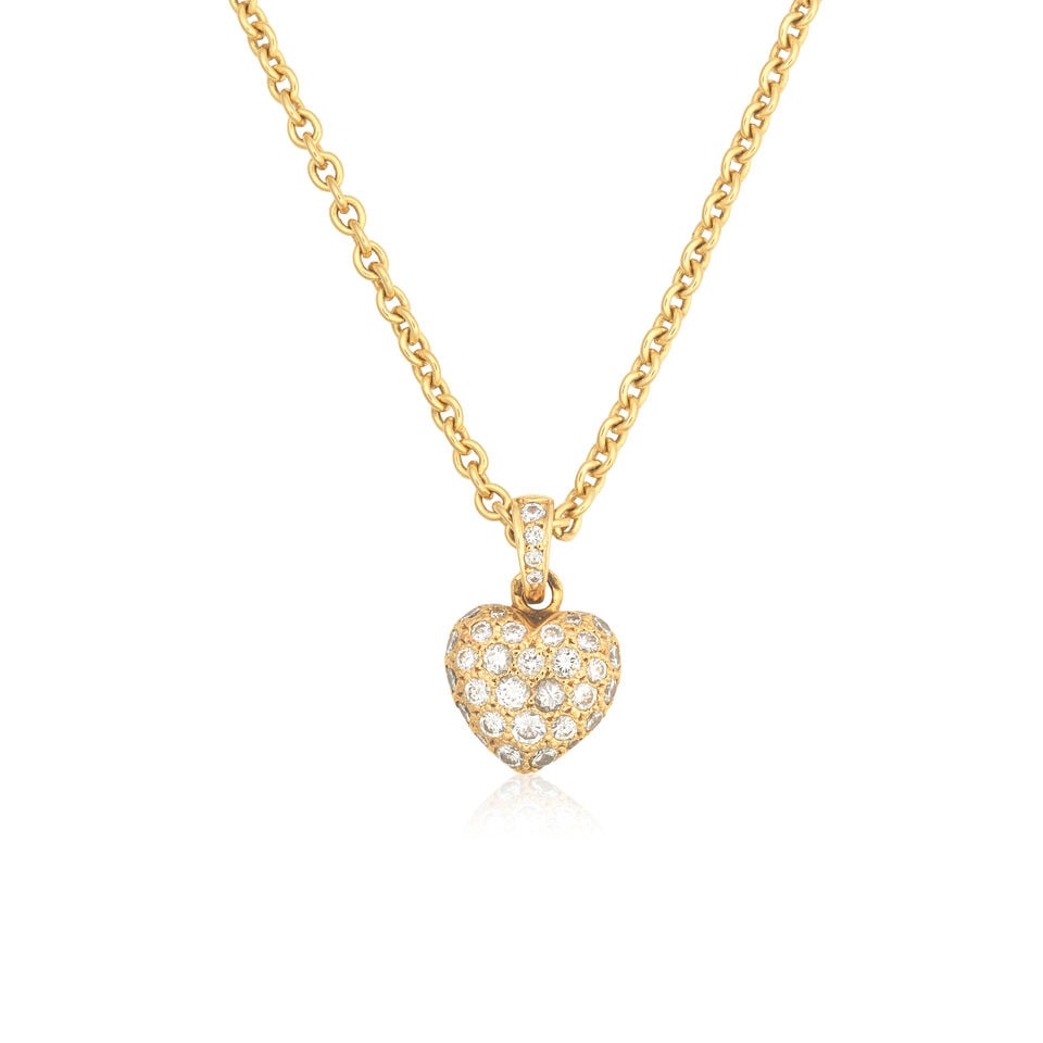 CARTIER: DIAMOND-SET HEART PENDANT/NECKLACE: CARTIER: DIAMOND-SET HEART PENDANT/NECKLACE Brilliant-cut diamonds approx. 0.60ct total Signed Cartier, numbered, French assay marks Pendant length 1.1cm, chain length 42.0cm Weight approx.