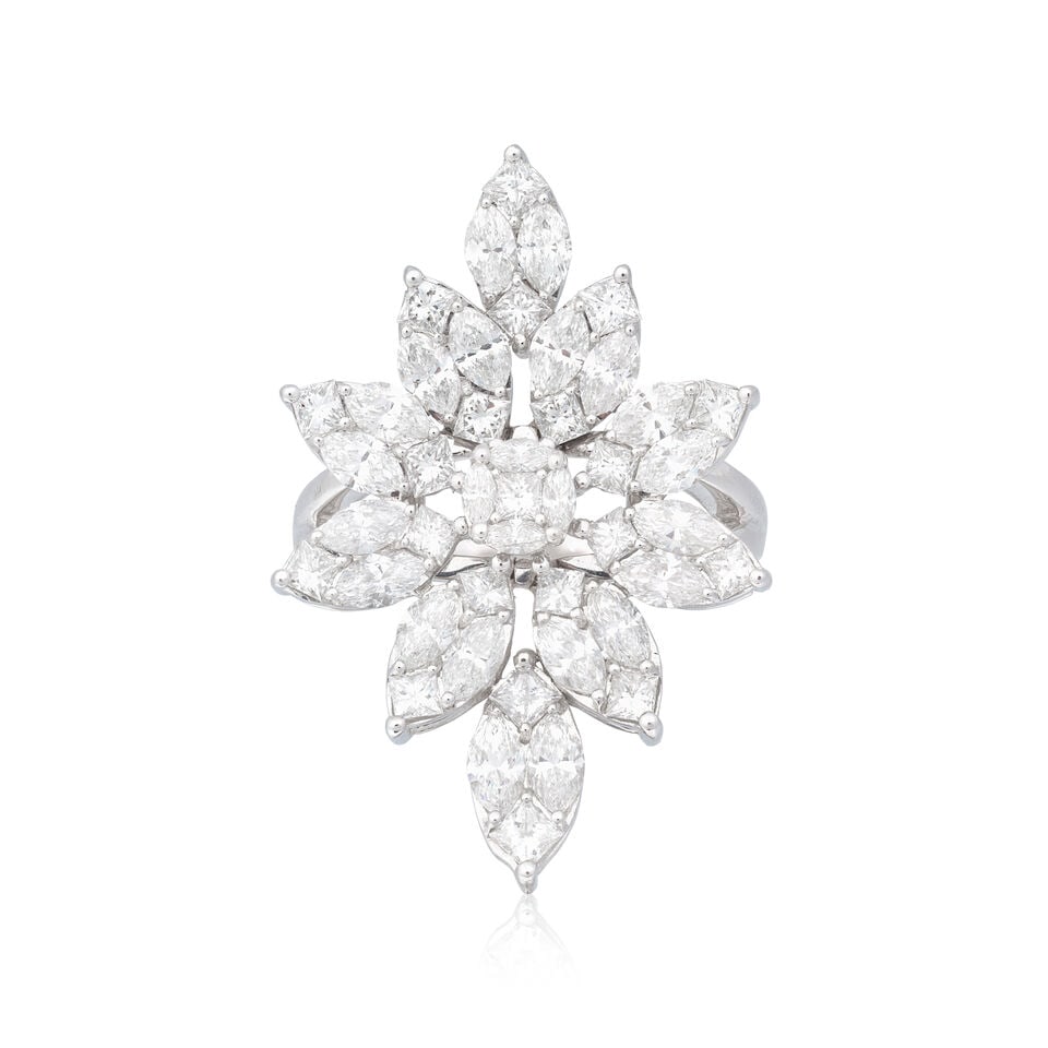 KORLOFF: DIAMOND DRESS RING: KORLOFF: DIAMOND DRESS RING Marquise and princess-cut diamonds approx. 3.20cts total French assay mark Ring size approx. L Weight approx. 7.0g Footnotes: OVERALL CONDITION Light surface wear to