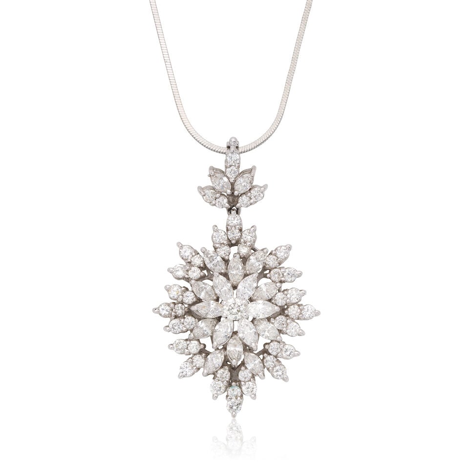 DIAMOND PENDANT/NECKLACE: DIAMOND PENDANT/NECKLACE Brilliant and marquise-cut diamonds approx. 4.00cts total Pendant length 4.5cm, chain length 42.0cm Weight approx. 26.5g Footnotes: OVERALL CONDITION Very light surface wear
